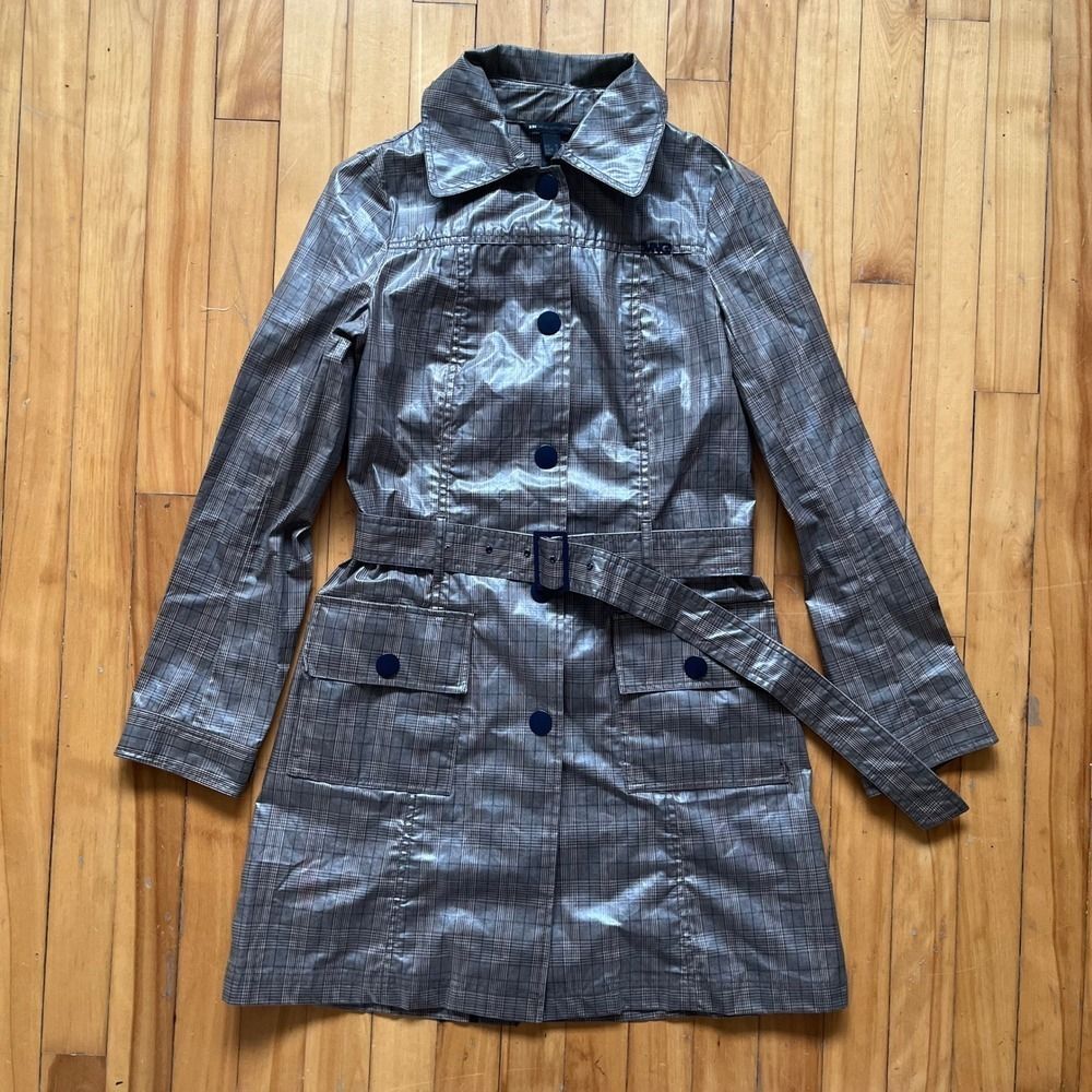 MNG Mango Women's Plaid Trench Coat Belted Hooded Jacket Size Small/Med